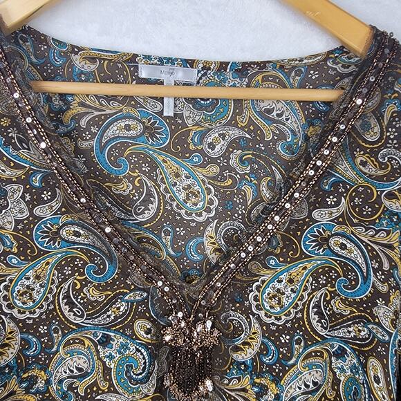 22W 24WBohemian Sequin V Neck Sheer Top Brown Paisley Print Flowy Long Sleeve - Picture 2 of 10